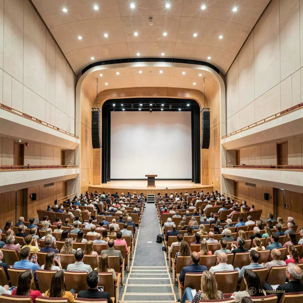 Une vue large de la salle de spectacle avant que le public ne prenne place, mettant en valeur l'architecture sobre et acoustique du théâtre