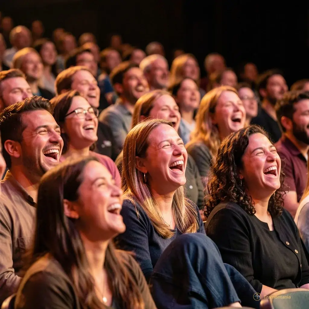A candid shot of a diverse audience laughing heartily during a performance, with soft focus on their expressions and warm stage lights reflecting off their faces