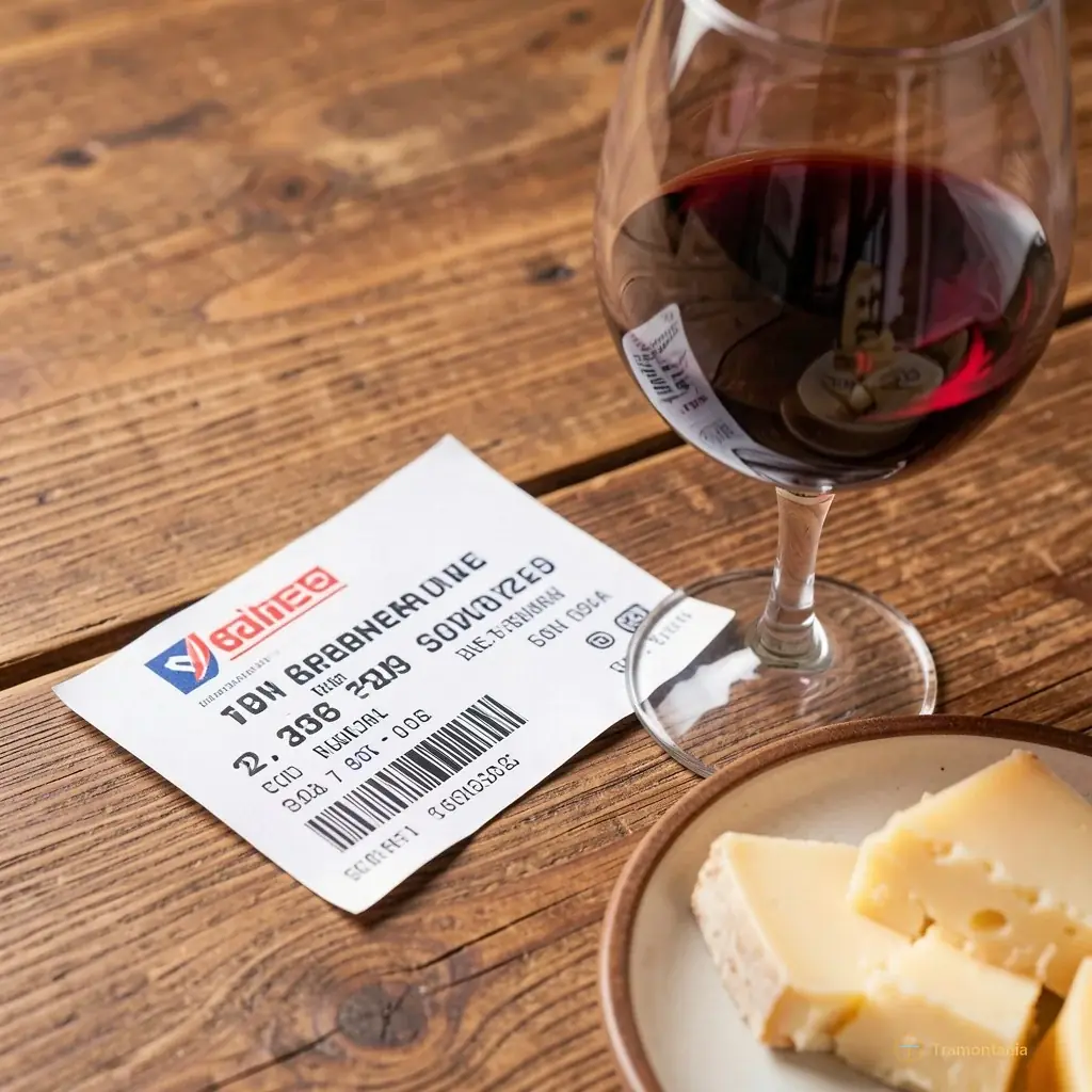A close-up of a ticket stub resting on a wooden table next to a half-empty glass of red wine and a small plate of local cheese, evoking anticipation before an evening event