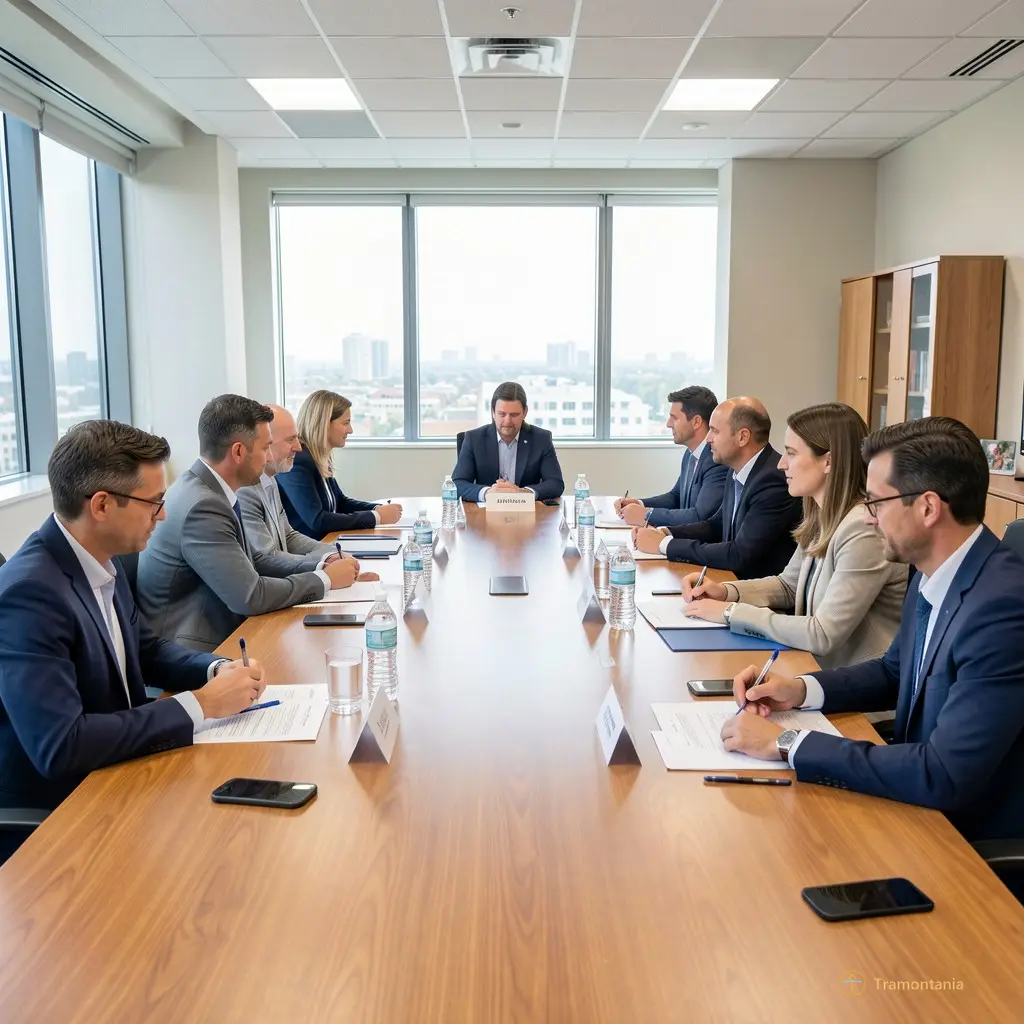 Interior shot of a meeting room with representatives seated around tables discussing documents