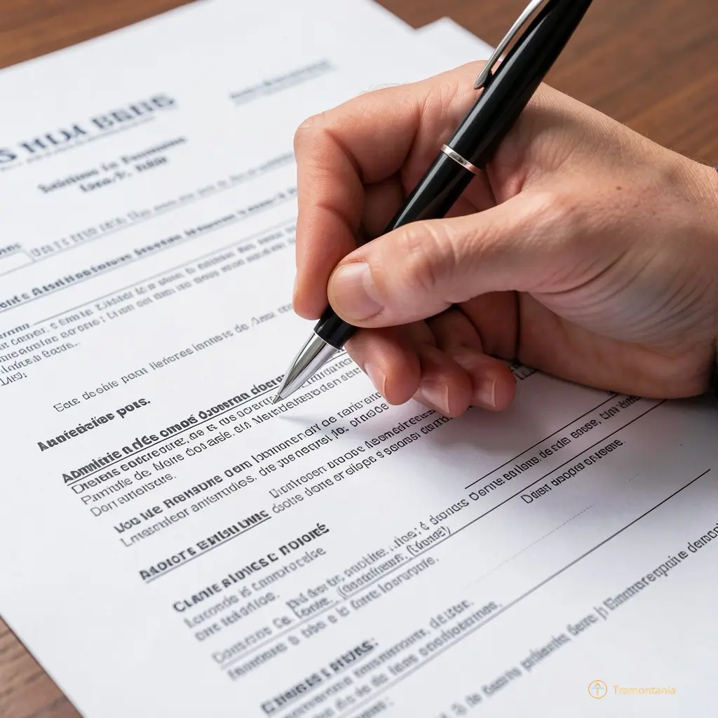 Close-up of hands holding a pen over official documents labeled with French administrative terms