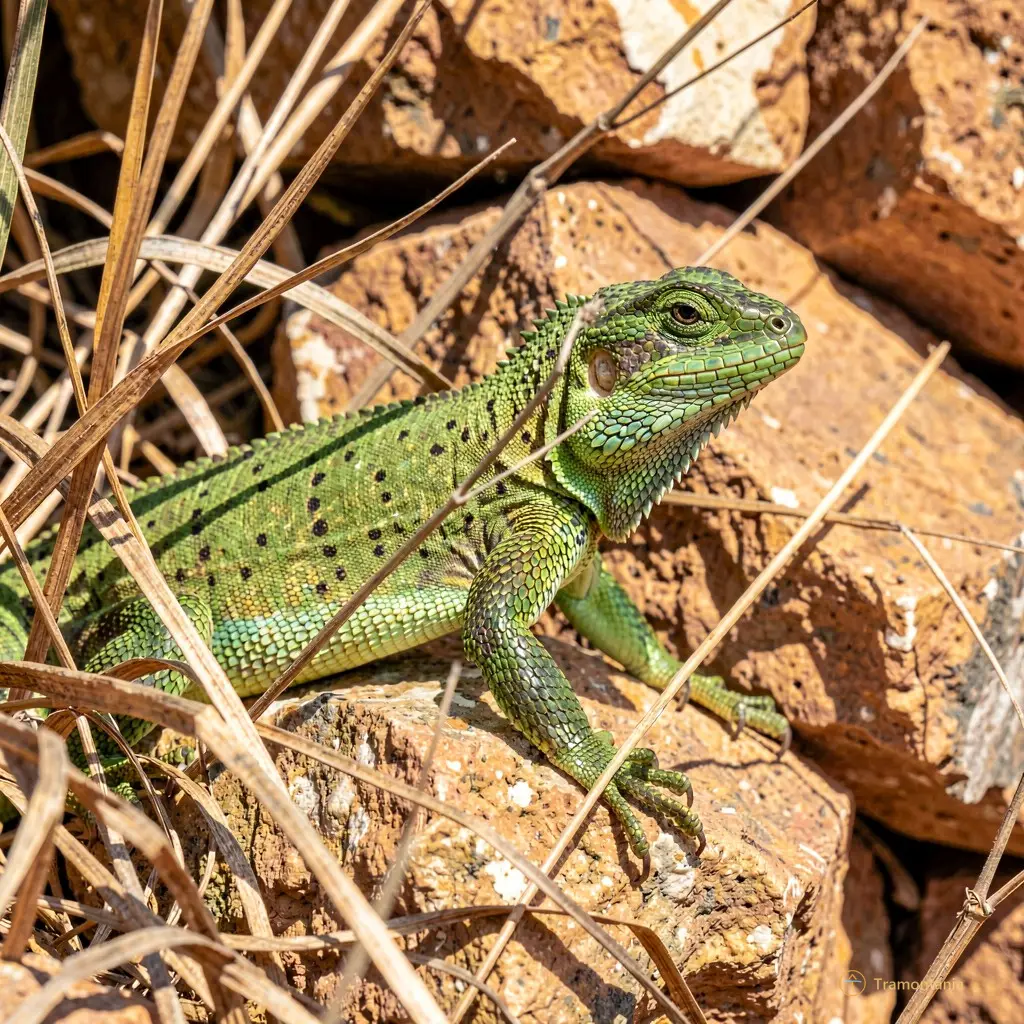 Gros plan sur un lézard vert se fondant parfaitement dans la végétation sèche d'un mur à pierre sèches, éclairage naturel latéral mettant en valeur les écailles