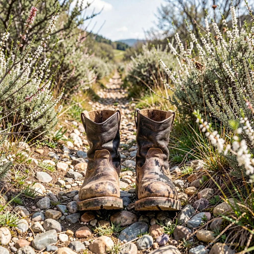 Vue en contre-plongée depuis le sol montrant une paire de bottes usées marchant sur un sentier caillouteux bordé de genêts et de thym sauvage
