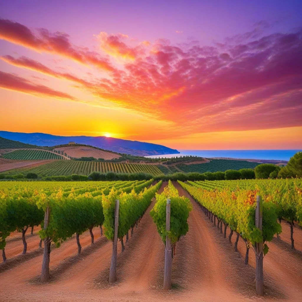 Photo lumineuse et saturée d'un paysage catalan au coucher du soleil, montrant les vignes du Roussillon qui ondulent vers la mer, des reflets dorés sur les feuilles de vigne, un ciel dégradé du violet au rose, une sensation de chaleur et de paix absolue.