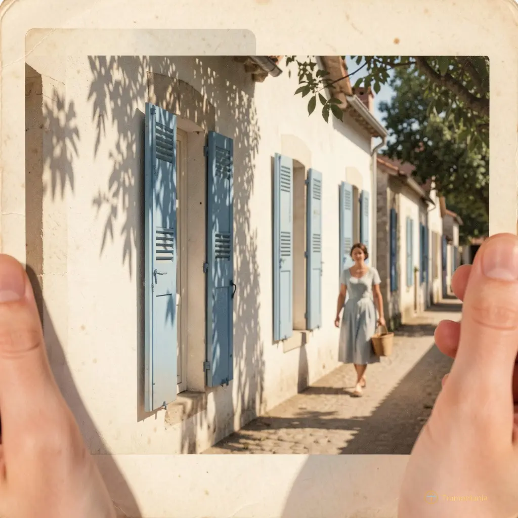 Détail d’une carte postale jaunie montrant une rangée de maisons basses à la façade blanche, avec des volets bleus. Une femme marche en arrière-plan, un panier sous le bras. Le cadrage est serré sur les fenêtres et l’ombre projetée par un figuier.