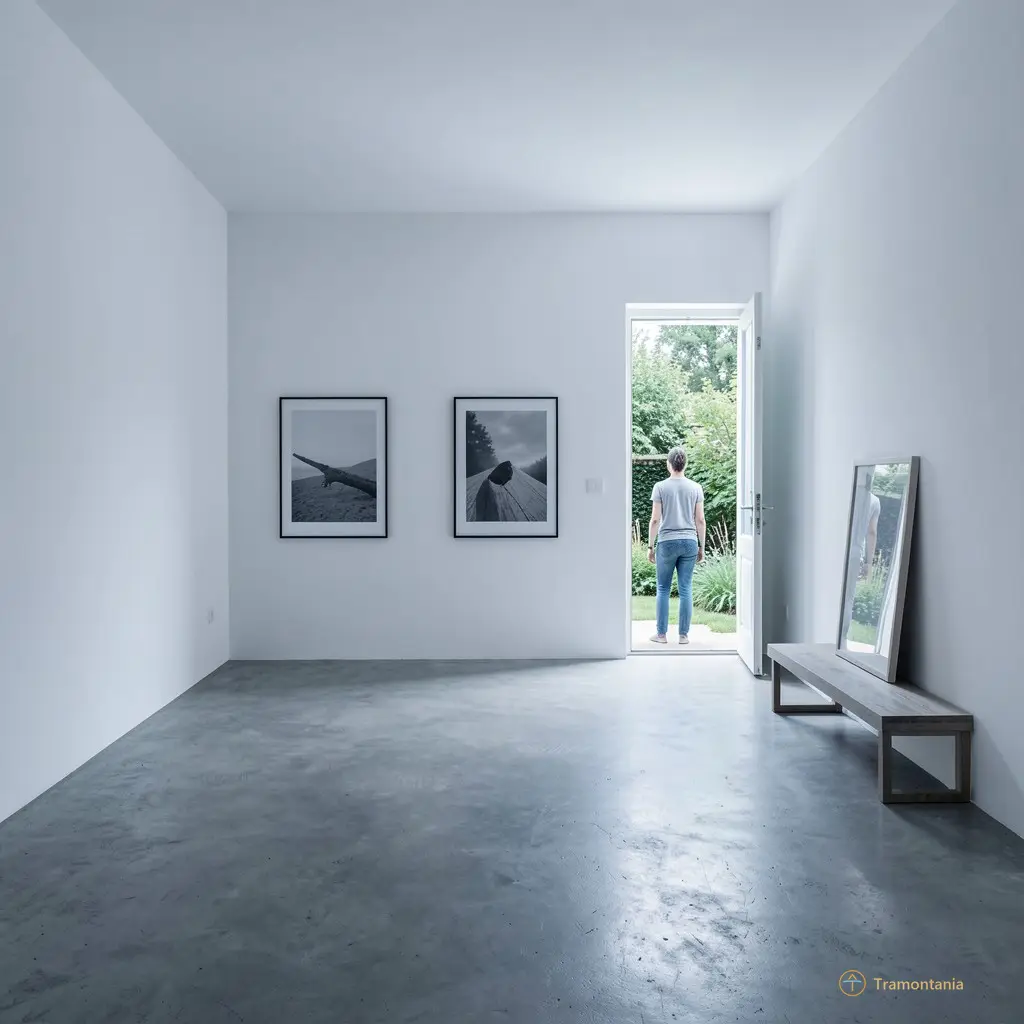 Plan large d’une salle vide, aux murs blancs et au sol en béton brut. Trois cadres sont accrochés à hauteur d’homme ; un quatrième repose sur une étagère basse. La lumière est froide, venant de la porte ouverte vers le jardin.
