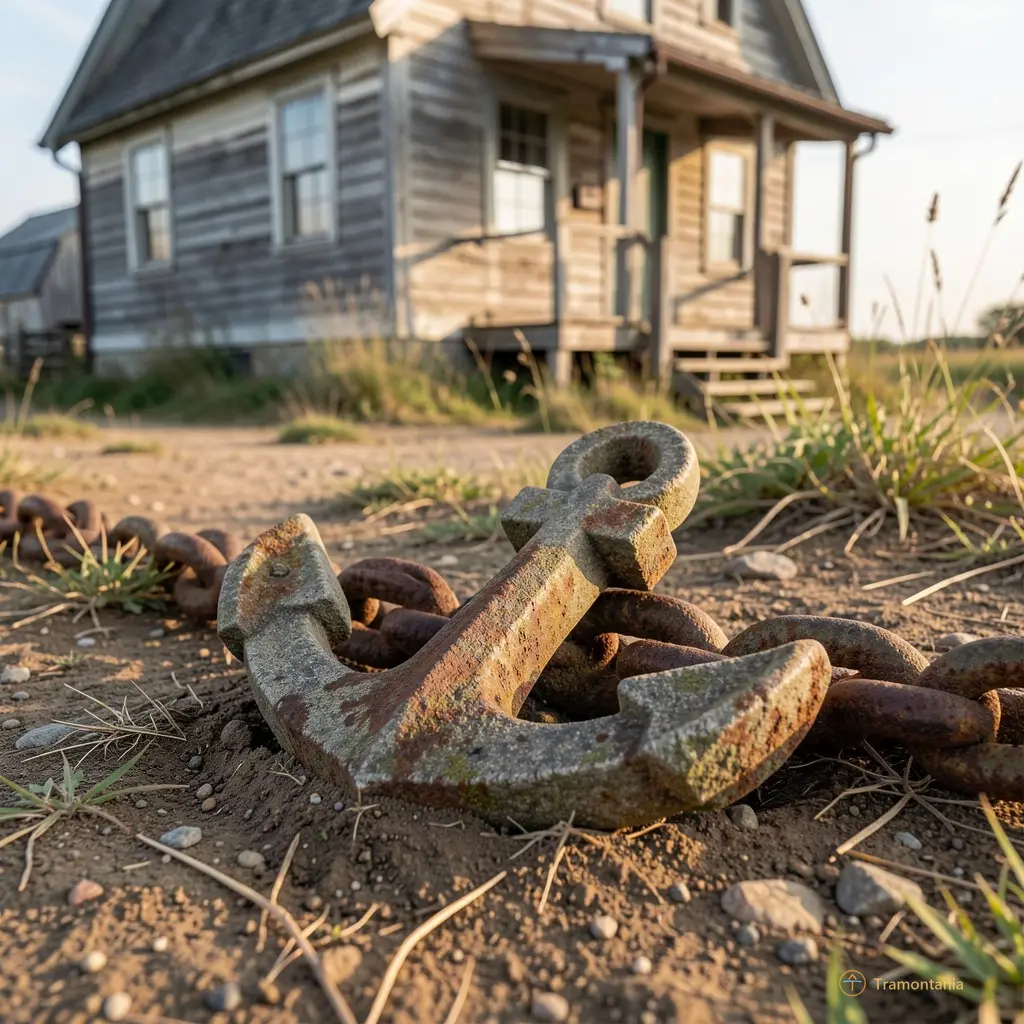 Close-up of a carved stone anchor chain embedded in the ground near an old fishermen’s house, soft afternoon light, frame focused on texture and rust