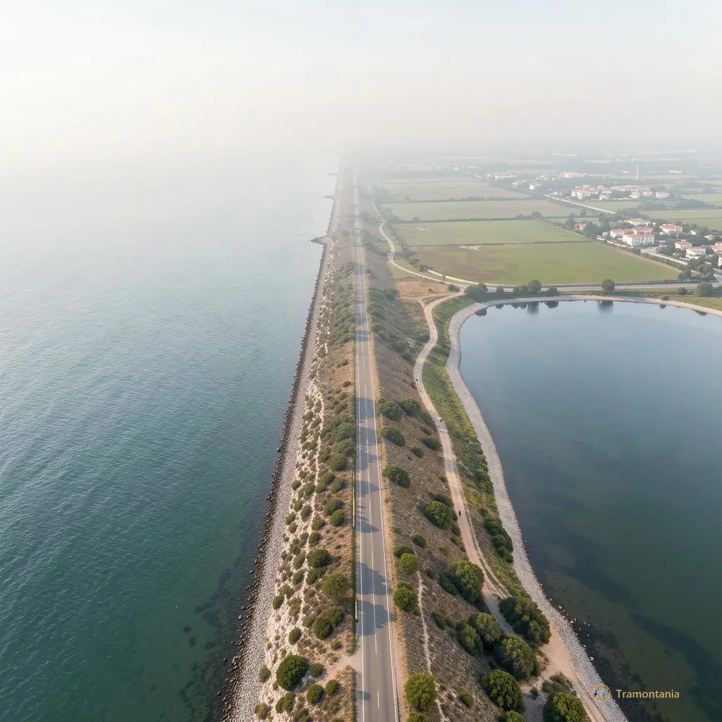 Aerial view of the coastal path between Le Barcarès and Saint-Laurent, mid-morning haze, showing the narrow strip of land bordered by sea on one side and lagoon on the other