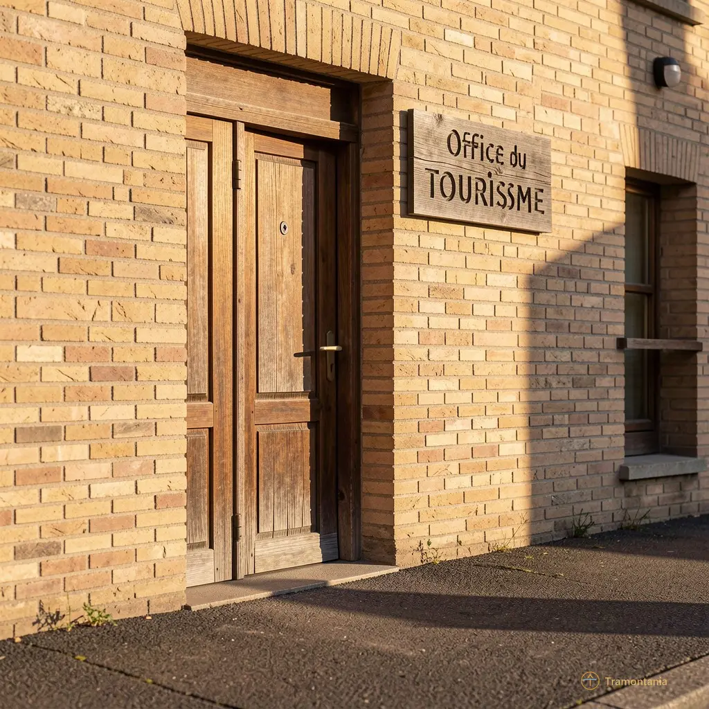 Door of the Tourist Office, plain brick facade with wooden sign “Office du Tourisme”, morning sun casting a long shadow on the pavement