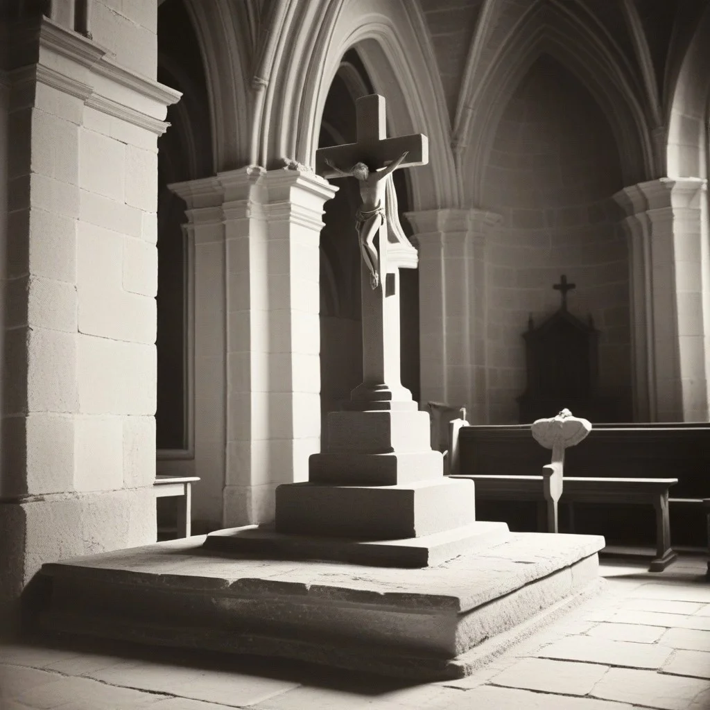 Ancien autel en pierre de l’église Sainte-Eugénie, sans statue ni drapé. Seule une croix simple en fer forgé repose dessus. Des traces d’huile sacrée sur la pierre, des éraflures anciennes dues aux genoux des fidèles.