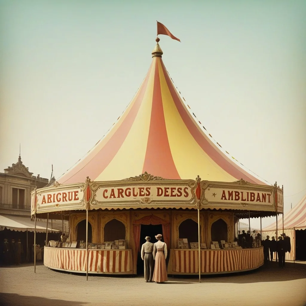 Une affiche usée d'un ancien cirque ambulant avec des couleurs vives et des illustrations artistiques.