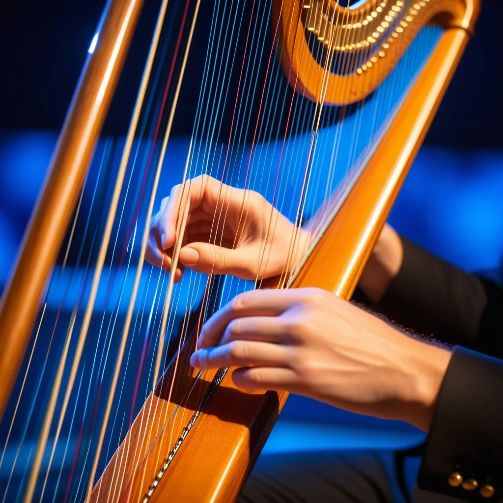 Close-up detail of a harpist's hands playing the strings with intense focus and energy. The lighting is dramatic, mixing cool blue tones from the night sky with warm golden highlights on the instrument, creating an electric visual effect that emphasizes the tactile connection between musician and music.