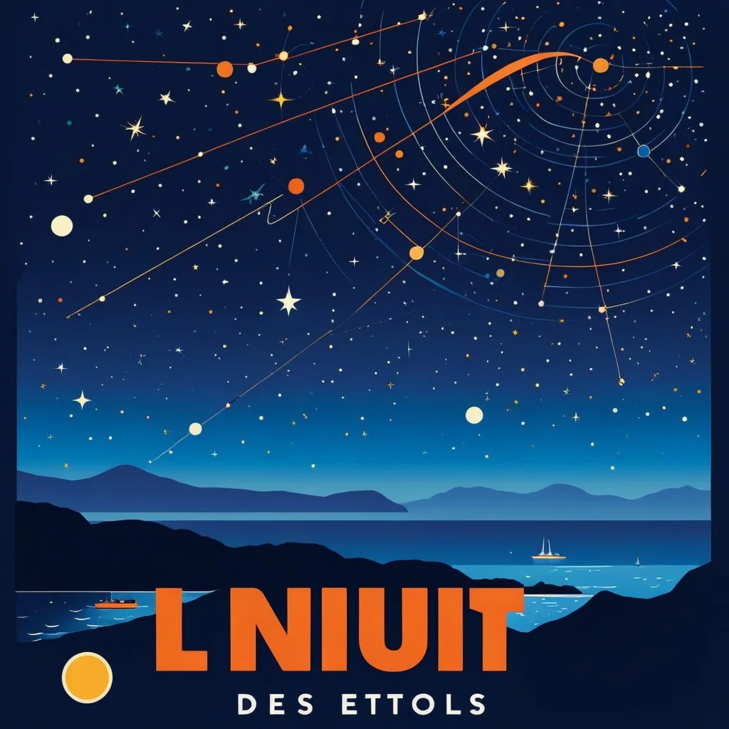 A vibrant retro-style poster illustration featuring a stylized constellation of Orion connecting to the silhouette of Port-Vendres. The colors are saturated deep blues and warm oranges, with bold typography announcing 'La Nuit des Étoiles' in a playful, hand-drawn font that evokes vintage travel posters from the 1950s.