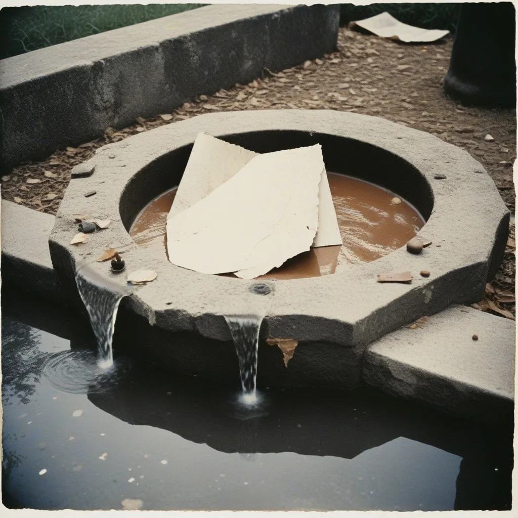 Une vieille photo en noir et blanc montrant une scène de fête avec des gens dansant et riant autour d'une fontaine.