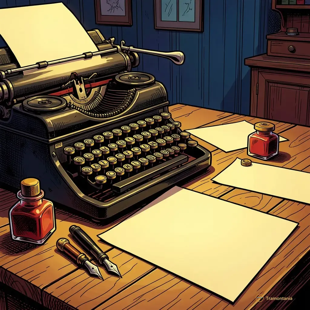 Une pile de machines à écrire anciennes et des feuilles jaunies jonchent une table en chêne avec divers outils d'écriture