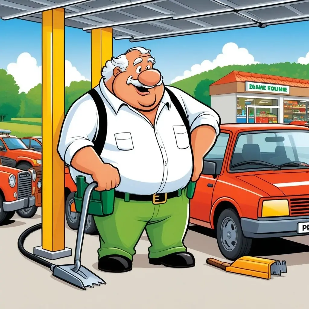 Illustration style bande dessinée humoristique : un berger aux cheveux blancs (Pelut) regarde intensément un tas de vieux outils agricoles posés sur le bitume du parking d’un centre commercial, son museau pointé vers une pelle rouillée qu'il semble juger « authentique ».