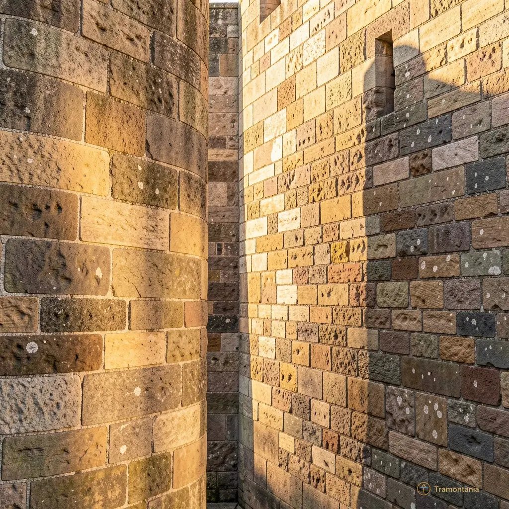 Close-up of the textured stone walls of the castle reflecting afternoon light