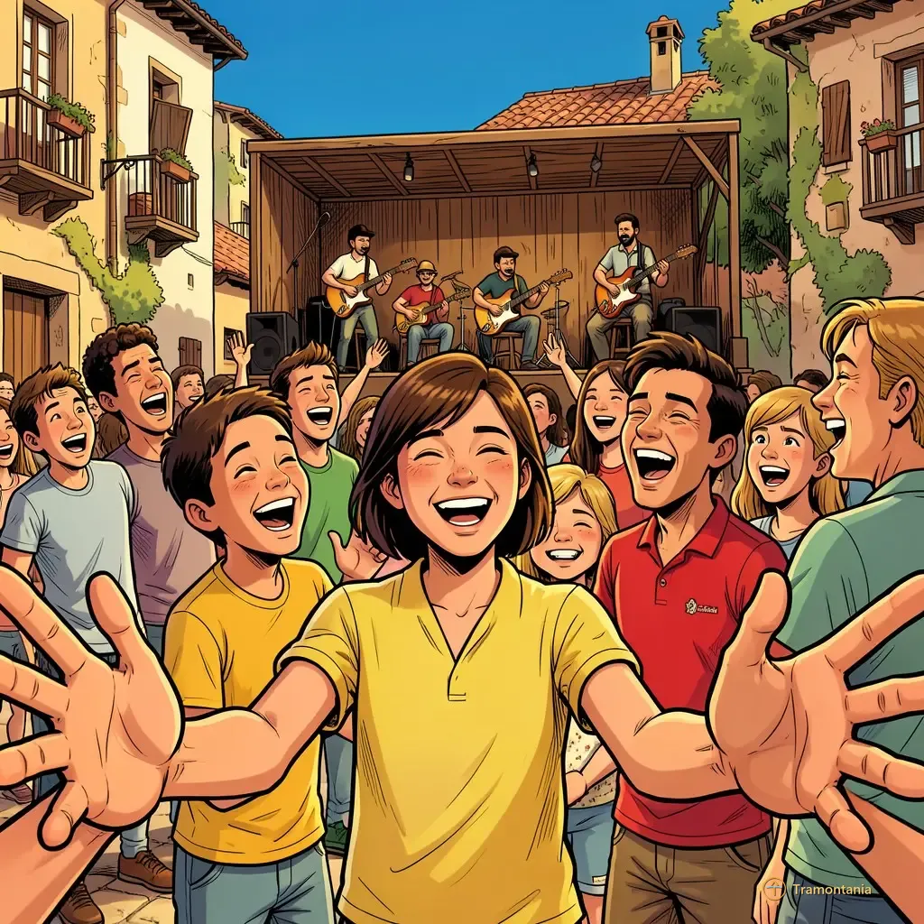 Une bande dessinée illustre un groupe d'enfants et d'adultes riant lors d'un spectacle musical en plein air devant la foule