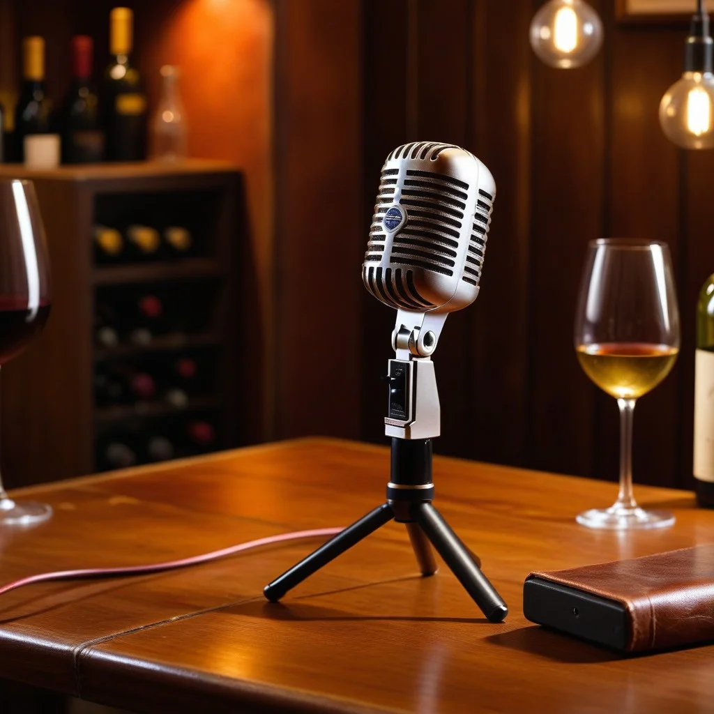 Close-up of a vintage microphone with a worn leather stand, placed on a wooden table next to a glass of local wine, capturing the intimate and tactile details of a performer's setup in a dimly lit room.