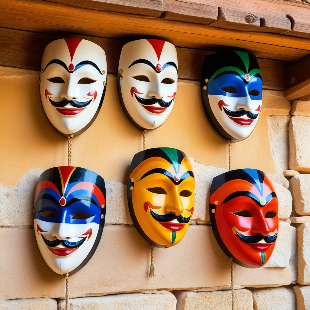 A detailed view of colorful, hand-painted theater masks hanging from a wooden beam, contrasting with the rough stone wall of a traditional Roussillon house, symbolizing the blend of art and local heritage.