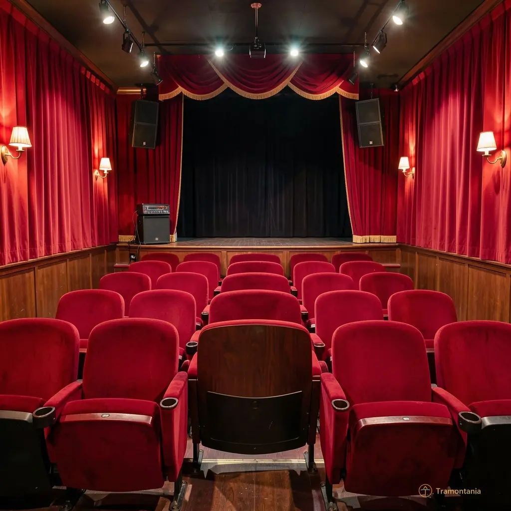 Interior of a cozy small theater with red velvet seats and soft stage lighting