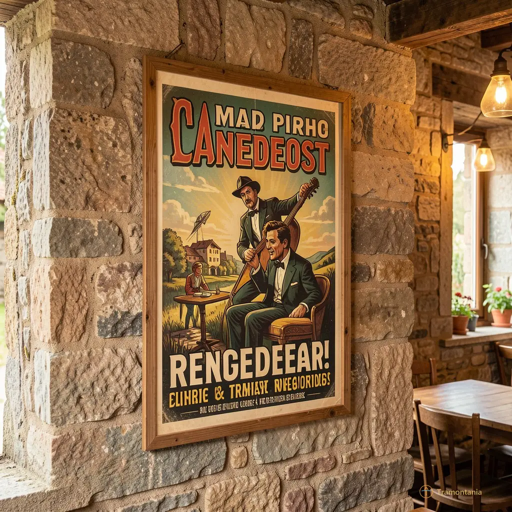 Close-up of a vintage theatrical poster hanging on the wall of a village cafe
