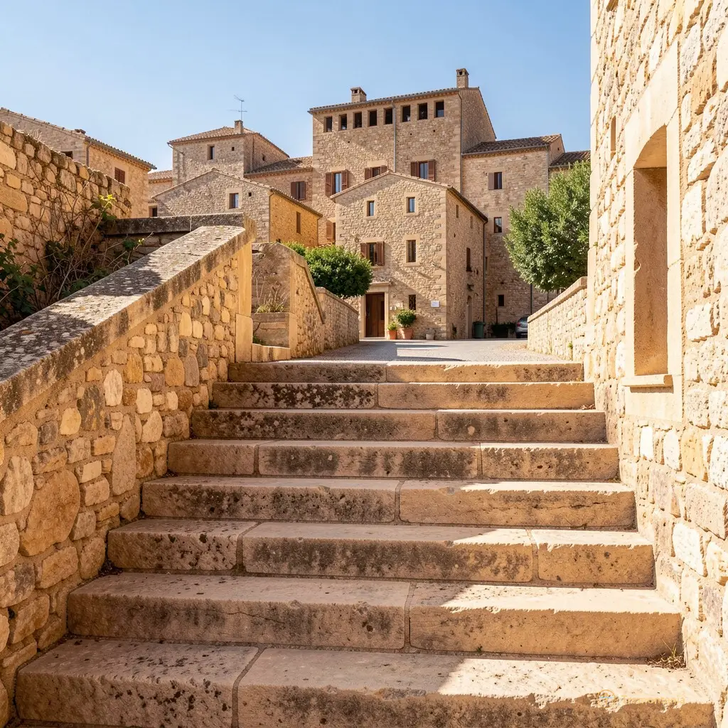 Architectural detail of the stone steps leading up to the historic center of Laroque-des-Albères