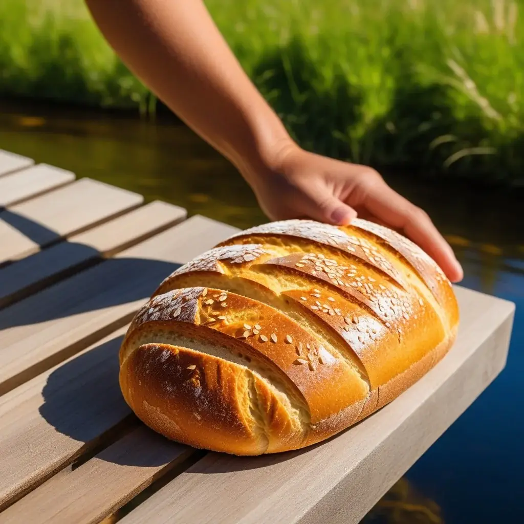 Gros plan sur une main posant délicatement du pain ou de l'appât naturel près d'une rive végétalisée, lumière chaude de fin d'après-midi, ambiance apaisée et contemplative