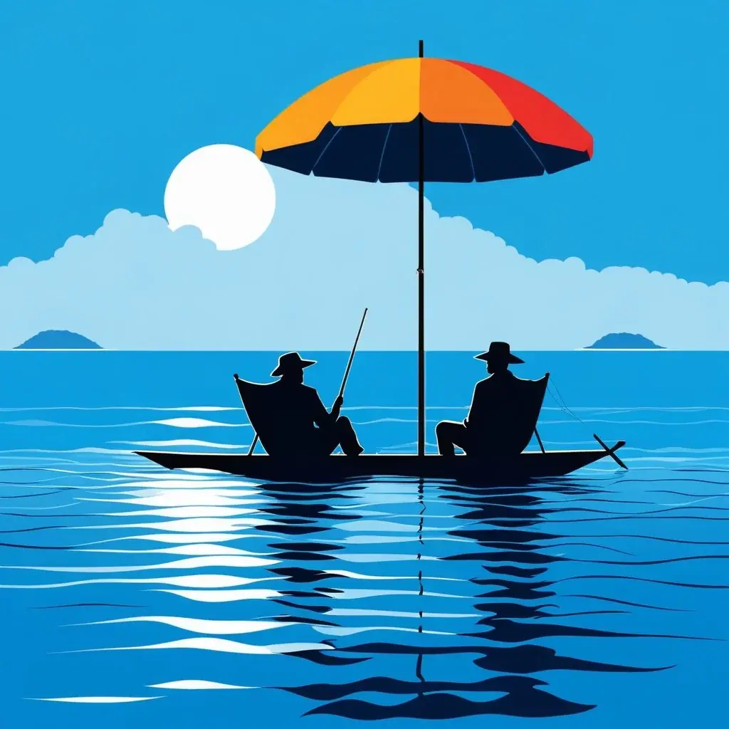 Silhouette d'un pêcheur assis calmement au bord de l'eau, paysage méditerranéen en arrière-plan avec pins parasols et ciel bleu dégagé, style illustration vectorielle épurée aux couleurs chaudes