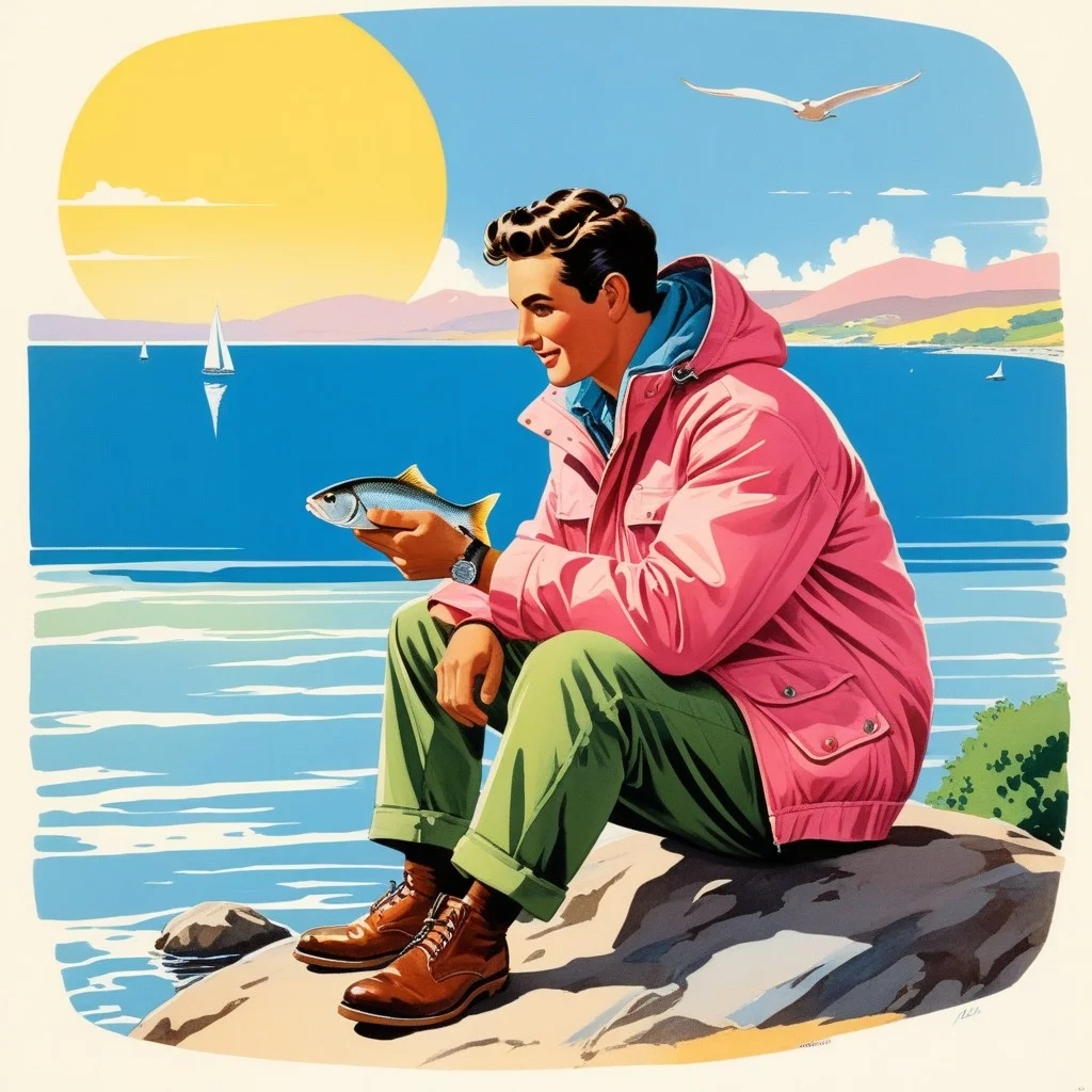 Illustration BD au style rétro et coloré, évoquant les années 50. Un pêcheur solitaire, vêtu d'un anorak délavé, est assis sur une pierre plate. Il tient sa canne avec une douceur infinie. Autour de lui, des moutons broutent paisiblement. Le ciel est un dégradé de bleu pastel et de rose poudré. Une petite bulle de pensée montre un poisson stylisé qui sourit, symbolisant la patience et le respect.