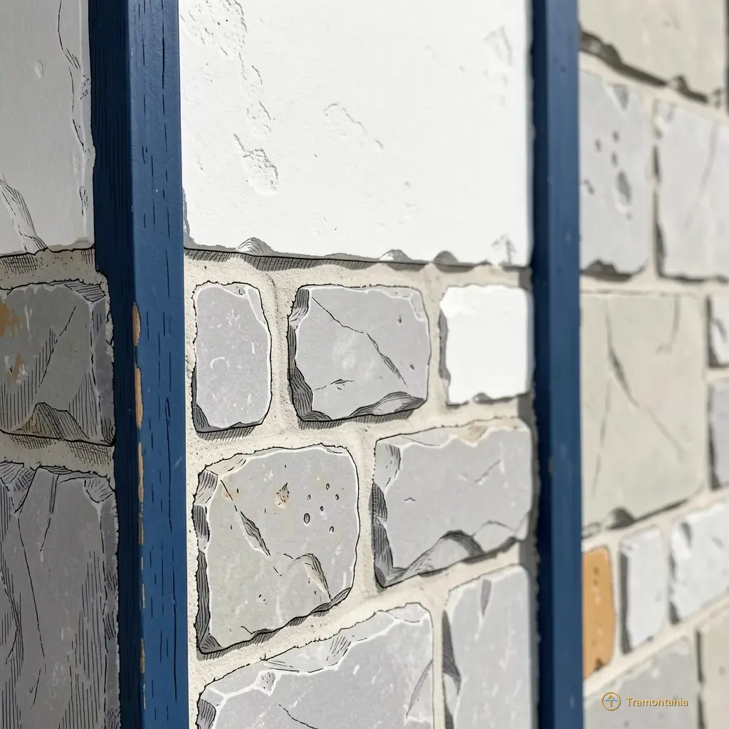 Un détail d'un mur blanchi à la chaux présente des bordures bleu profond et des blocs de pierre apparents