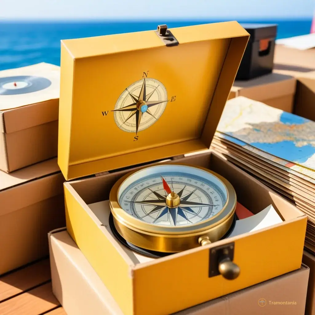 Close-up of a vintage brass compass resting on top of stacked cardboard boxes filled with old vinyl records and yellowed paper maps at an outdoor stall in Le Barcarès, highlighting textures against the blurred sea background.