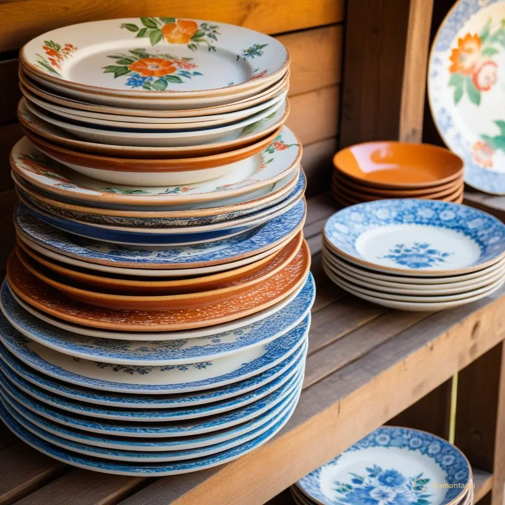 Detail shot of a pile of vintage ceramic plates with faded floral patterns stacked on a wooden crate at an outdoor stall, catching the morning light in Le Barcarès.