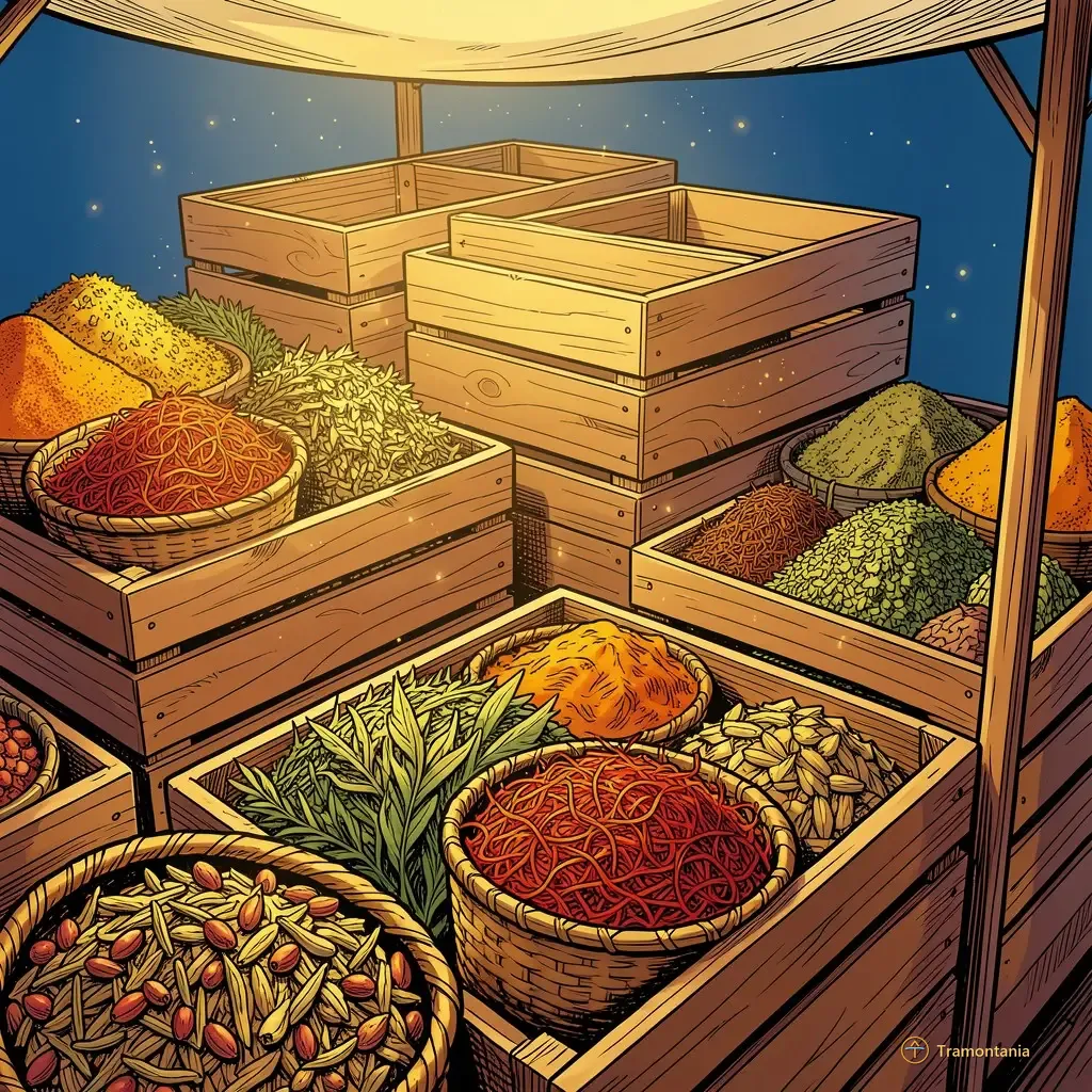 Nino, l'âne de Tramontania — A close-up shot, taken from a slight high angle looking down into several stacked wooden crates. The focus is on the rich texture and varied colors of dry goods like colorful spices (saffron threads, paprika) mixed with dried herbs in woven baskets. Natural morning light filters through an unseen covering above, highlighting dust motes floating around the stall setup.