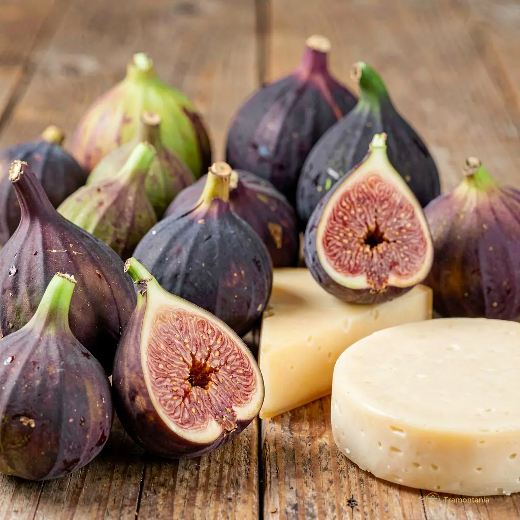 Close-up of fresh local produce including figs and cheese wheels on a wooden table