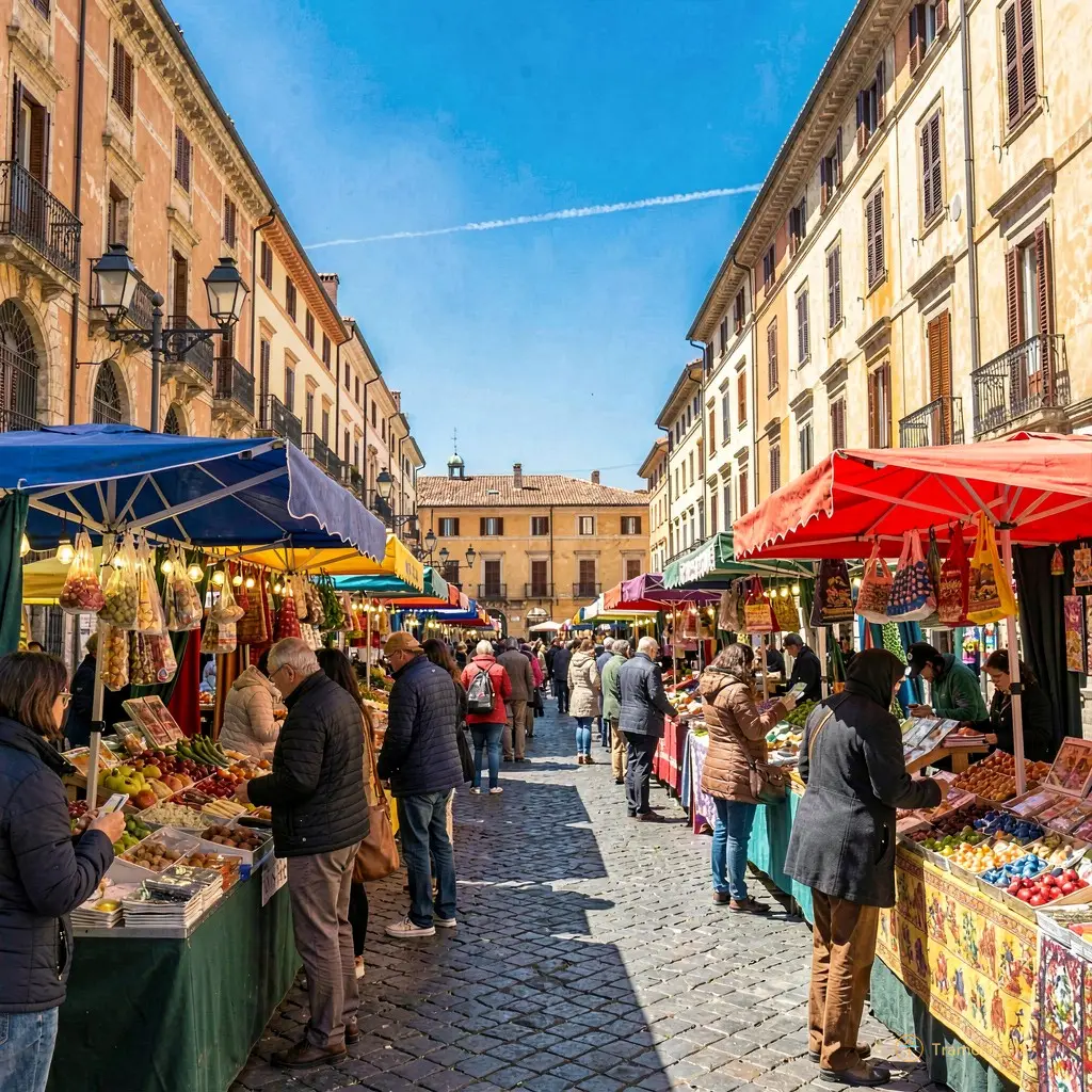 Wide shot of the market square with colorful stalls, shoppers browsing, and blue sky above