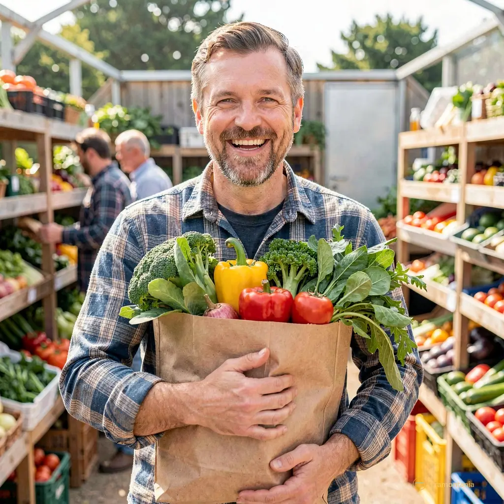 Happy customer holding a bag of fresh vegetables and smiling at the camera