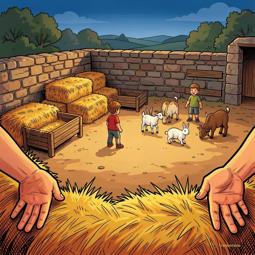 A medium shot taken from a slightly elevated viewpoint looking down onto an open farm yard in the late afternoon light of September. In the immediate foreground, hay bales and wooden feeding troughs are visible against rough stone walls (not as subject). Several small children stand near these structures, interacting with several animals like goats or rabbits that graze freely on the ground nearby. The scene conveys activity without a crowd focus.
