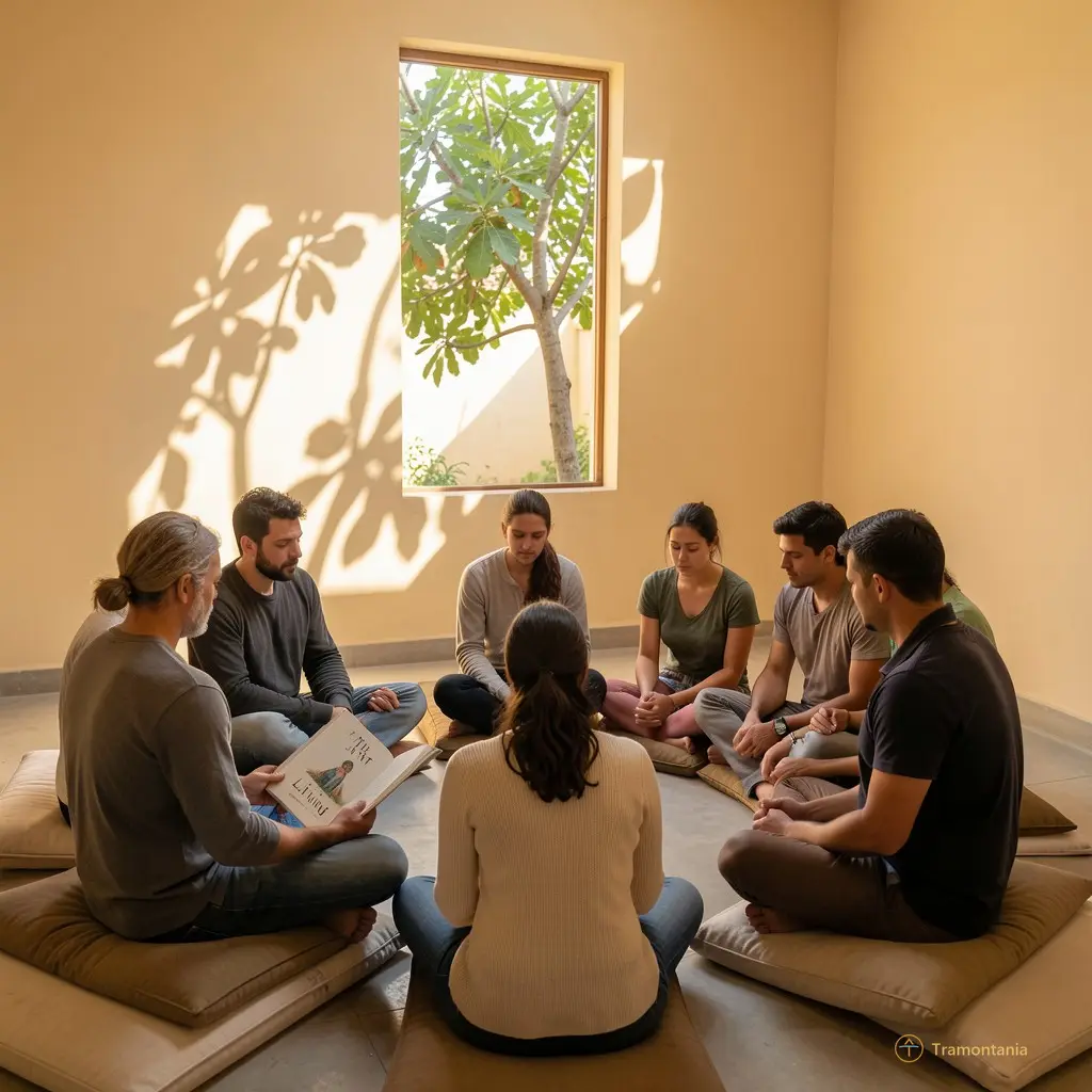 A group of people sit in a circle on low cushions, eyes closed or gently lowered. One person holds an open book titled ‘The Art of Living’. The walls are painted pale ochre; through the window, a fig tree casts long shadows.