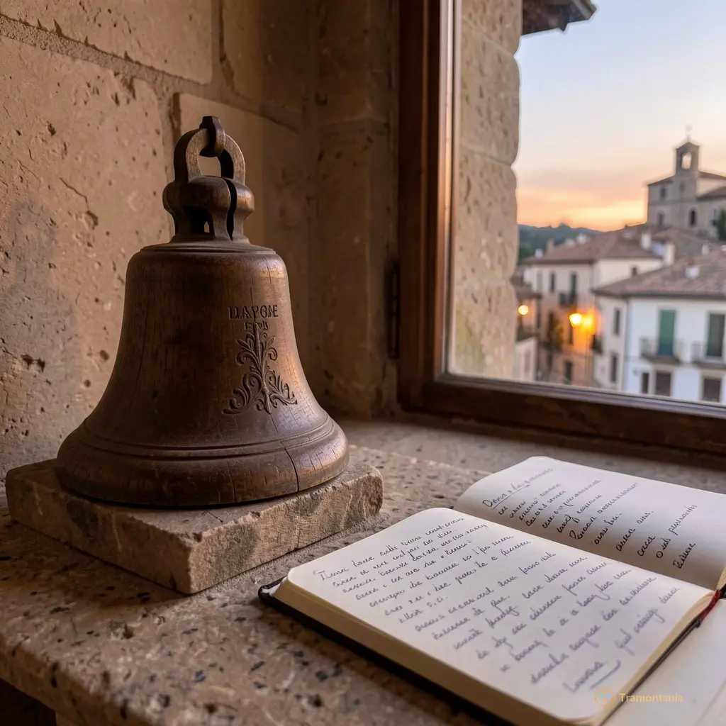 A close-up of a wooden bell resting on a small altar. Beside it, an open notebook with handwritten notes in French and Catalan. The light is fading through the window as dusk settles over Perpignan.