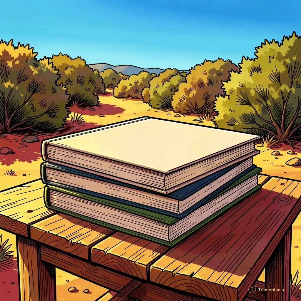 Plusieurs livres scientifiques et guides de terrain sont empilés soigneusement sur une table rustique à l'extérieur près de la garrigue méditerranéenne