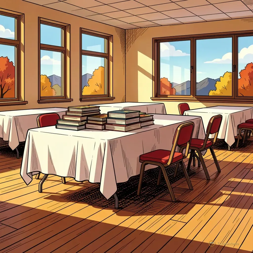 Plusieurs tables drapées de blanc et piles de livres attendent dans une salle locale de Le Boulou par beau temps d'automne