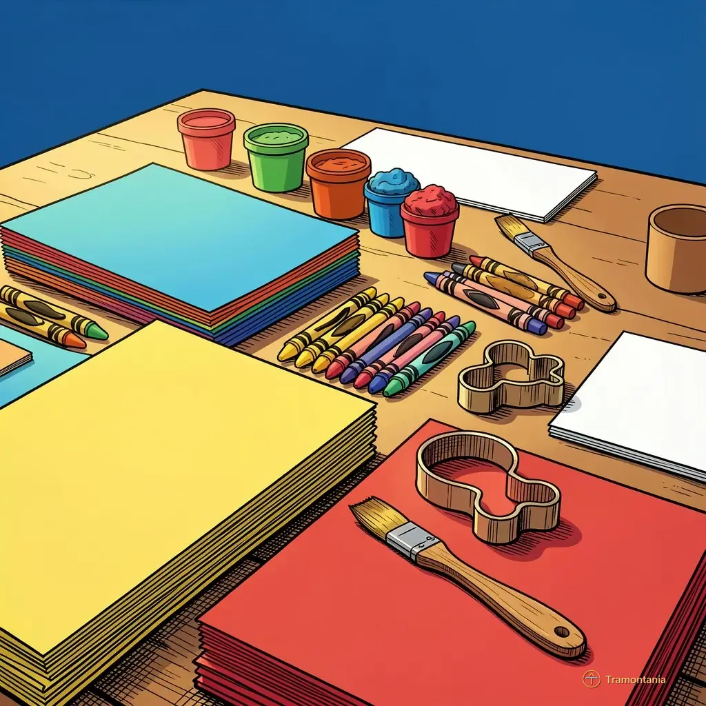 Une surface de table organisée présente divers matériaux artistiques comme du carton coloré, de l'argile et des outils en bois