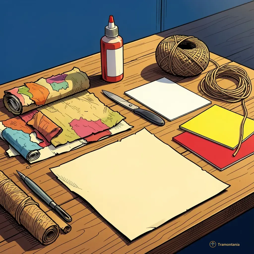 Nino, l'âne de Tramontania — Un dessin montre une collection d'outils artisanaux variés disposés sur une surface en bois clair pour le travail manuel