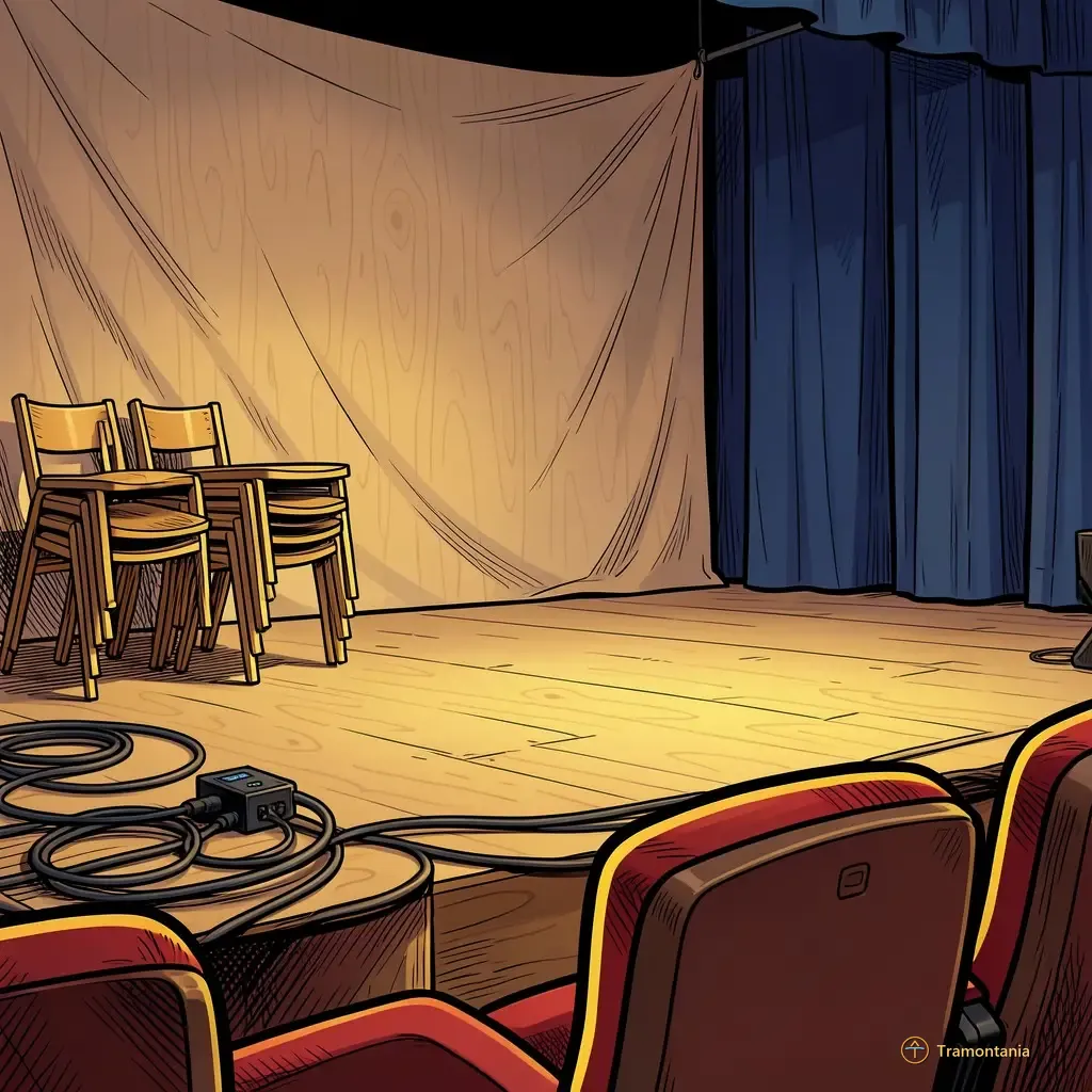 La scène vide d'un théâtre montre des piles de chaises en bois disposées près du bord avec des câbles sonores visibles sur le sol