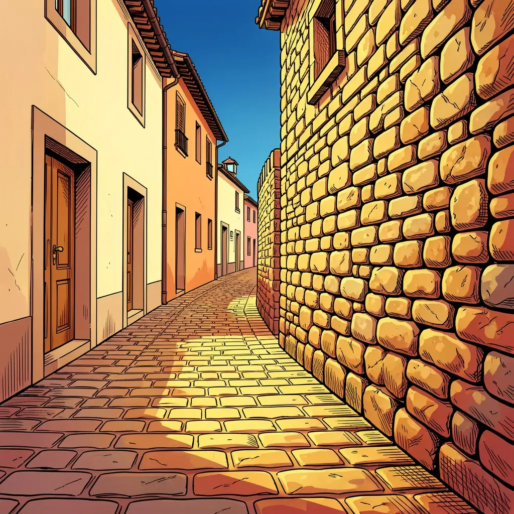 Nino, l'âne de Tramontania — Une rue calme de Le Boulou montre un feuillage d'automne et des éléments locaux traditionnels près du cinéma, baignés dans une douce lumière tardive