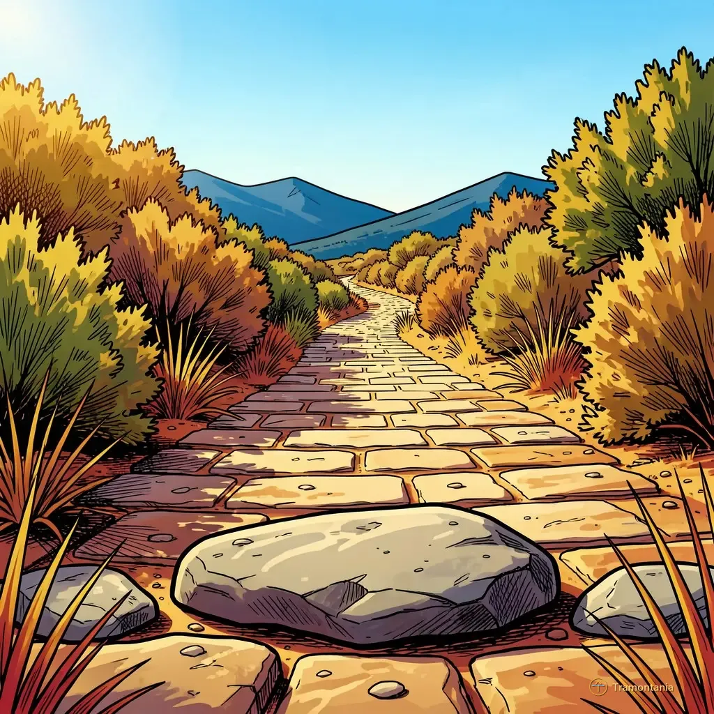 Nino, l'âne de Tramontania — Un chemin pavé en pierre serpente au milieu d'une garrigue sèche dans les foothills pyrénéennes