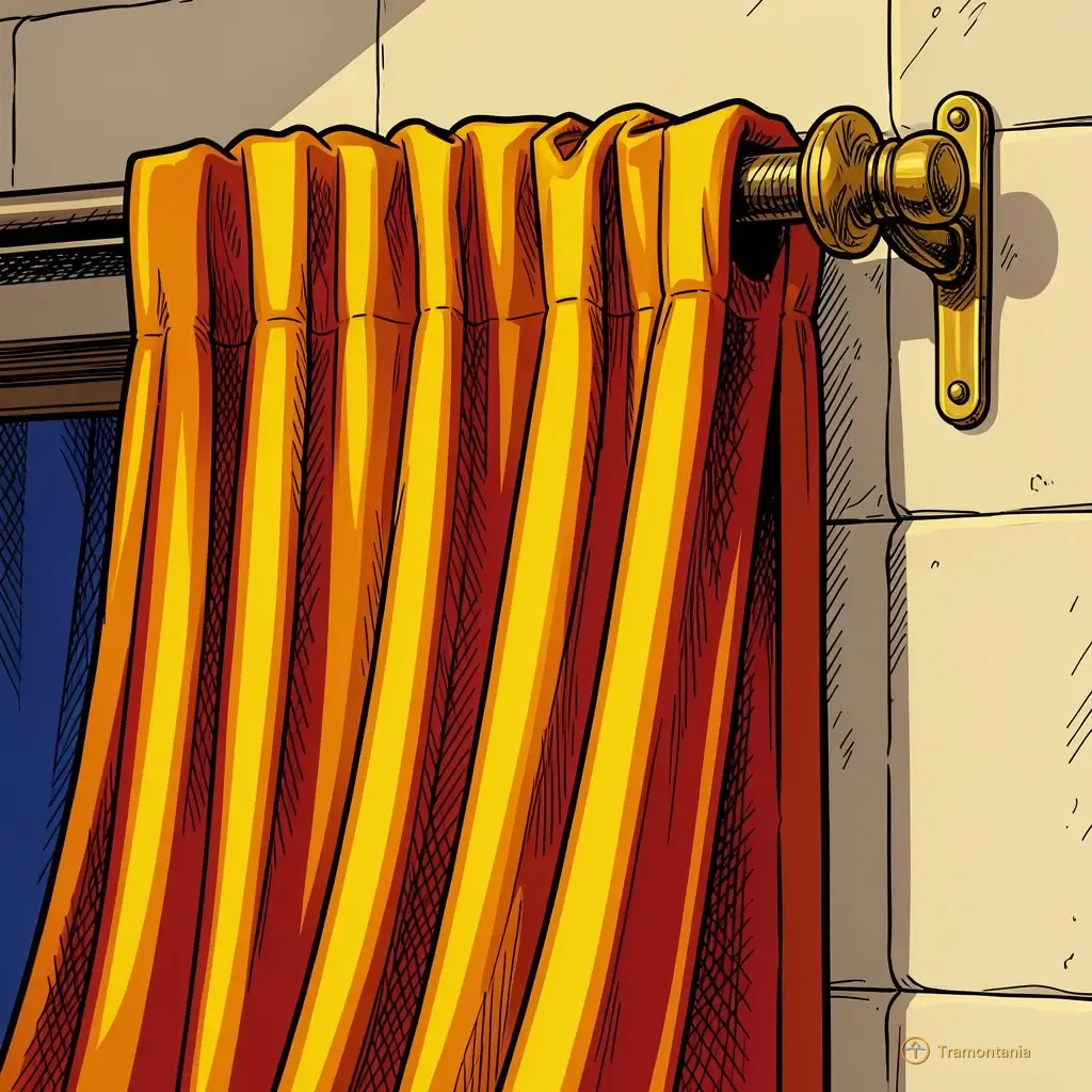 A close, detailed shot of heavy velvet stage curtains (deep red and gold fabric) hanging in a large theater hall opening onto the visible scene structure. The material shows deep folds and rich texture under controlled artificial lighting. No people are present on or near the curtain.