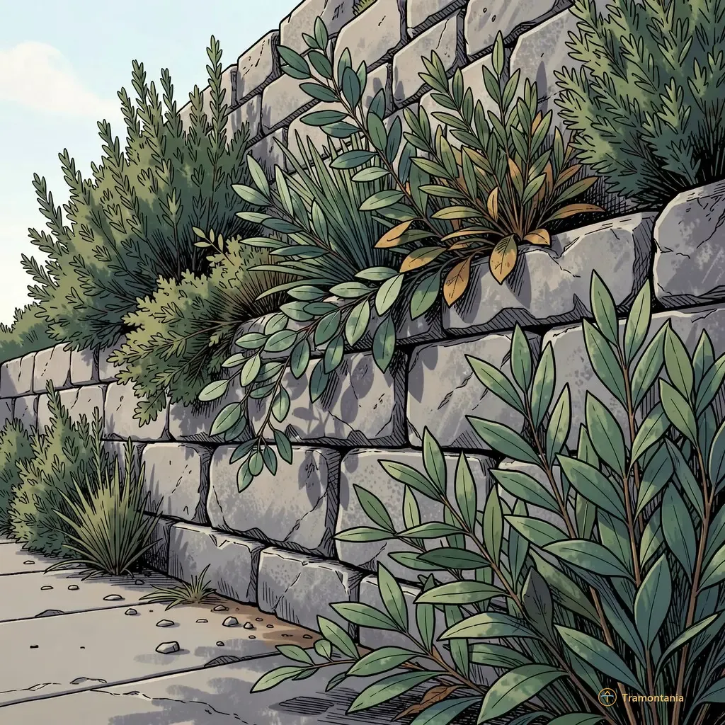 Nino, l'âne de Tramontania — Des plantes méditerranéennes diverses poussent hors d'un mur en pierre près de Conat, montrant des textures variées sur calcaire gris