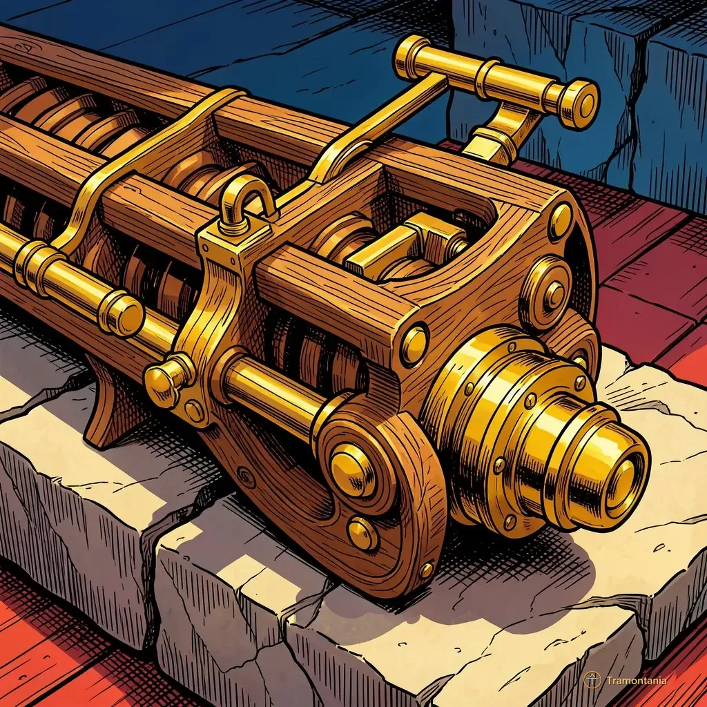 Une illustration montre le mécanisme complexe d'un instrument ancien posé sur une pierre brute, mettant en valeur les détails métalliques